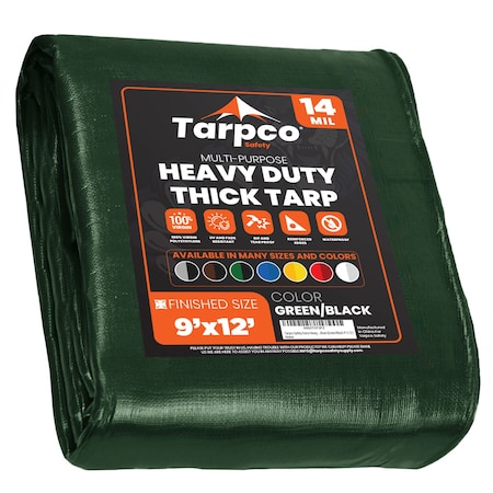 Tarpco Safety Heavy Duty Tarp, 12 ft L x 0.5 mm H x 9 ft W, 14 Mil, Green/Black, Polyethylene TS-103-9X12